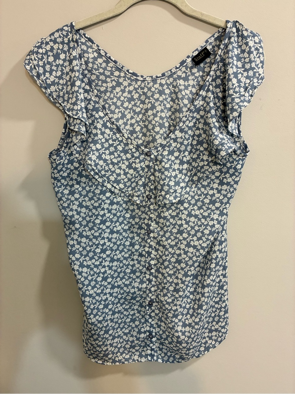 Staff Blue Floral Ruffle Trim Button Front Blouse Size Large